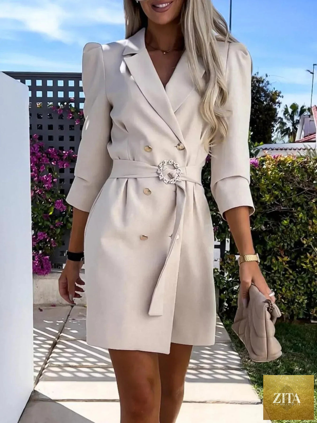 Shopiebay 3/4 sleeve belted blazer dress featuring a tailored fit, lapel collar, and stylish design perfect for professional or casual wear.