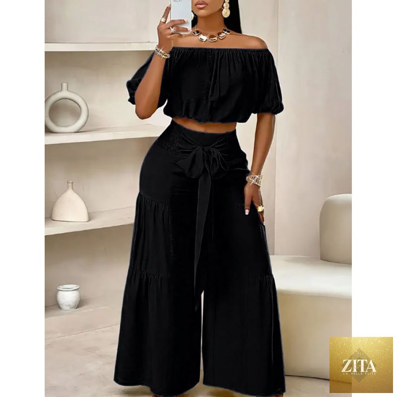 Zita La Belle Elite high-waist flared pants and matching top two-piece casualwear set in multiple colors, size S to 2XL.