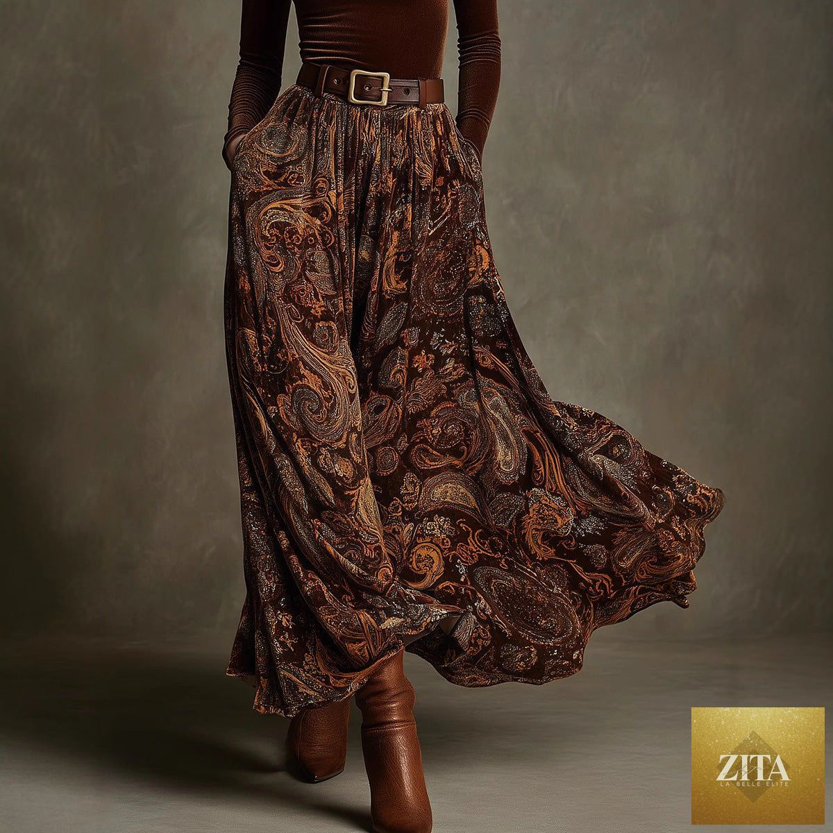Women's floral print long sleeve skirt set with belt in caramel, casualwear by Zita La Belle Elite, featuring a stylish, coordinated outfit.