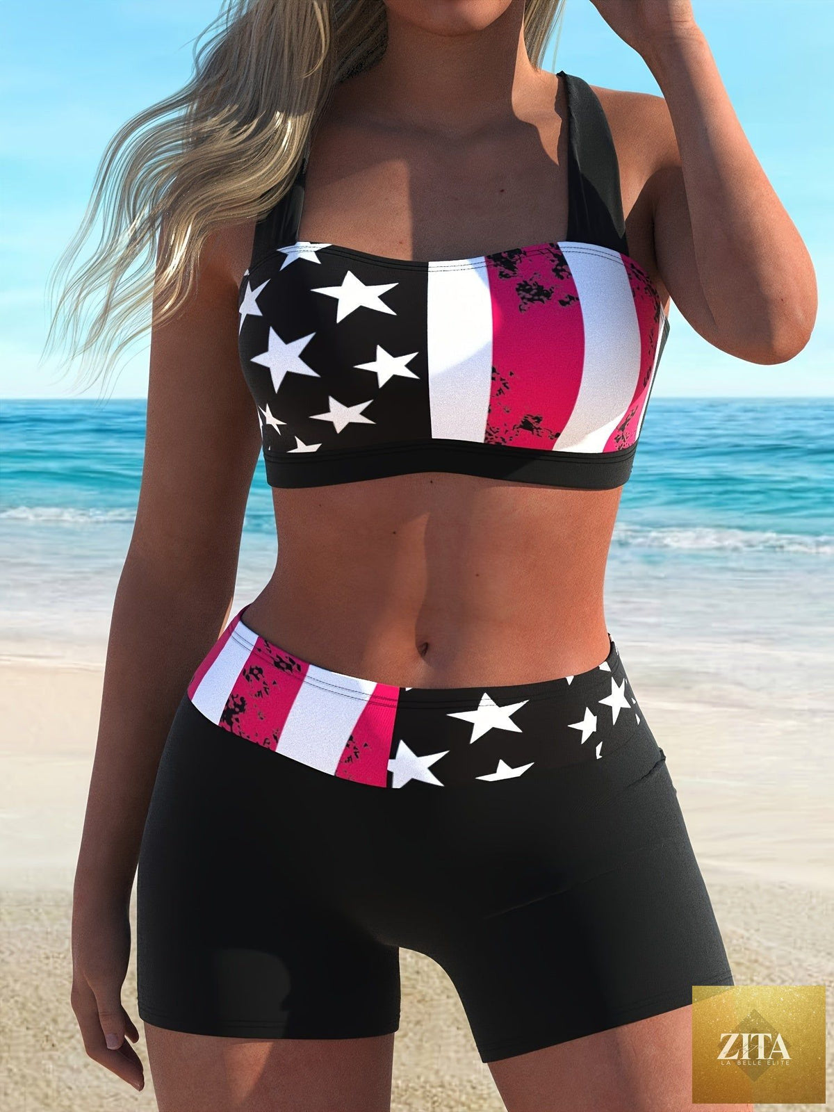 Stevvex American flag print bikini set with criss cross halter top, ring knot back, and boxer shorts bottoms, summer beach swimwear.