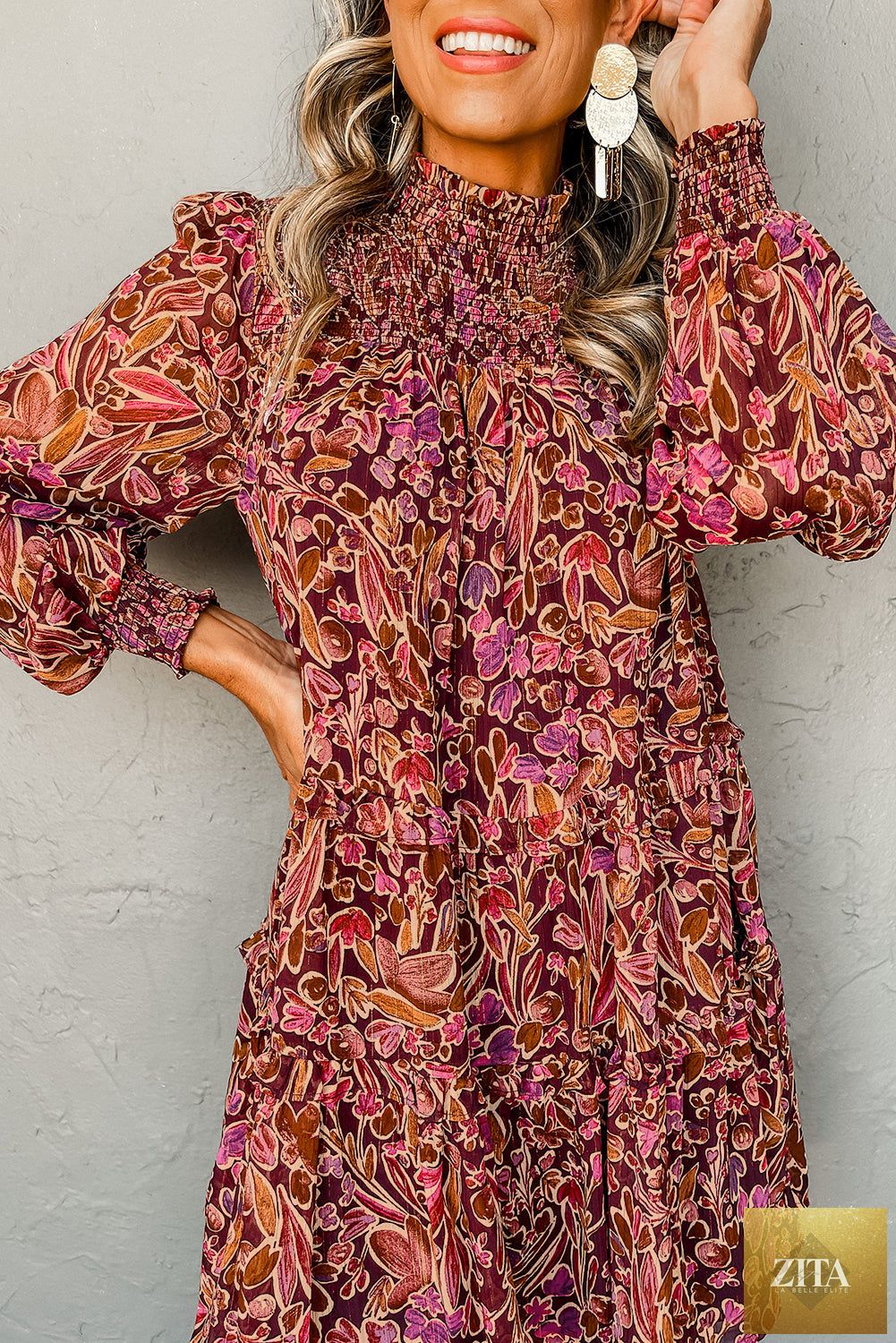 Red floral print long sleeve mini dress with shirred high neck and loose fit, stylish and comfortable from Wild and Free Boutique.