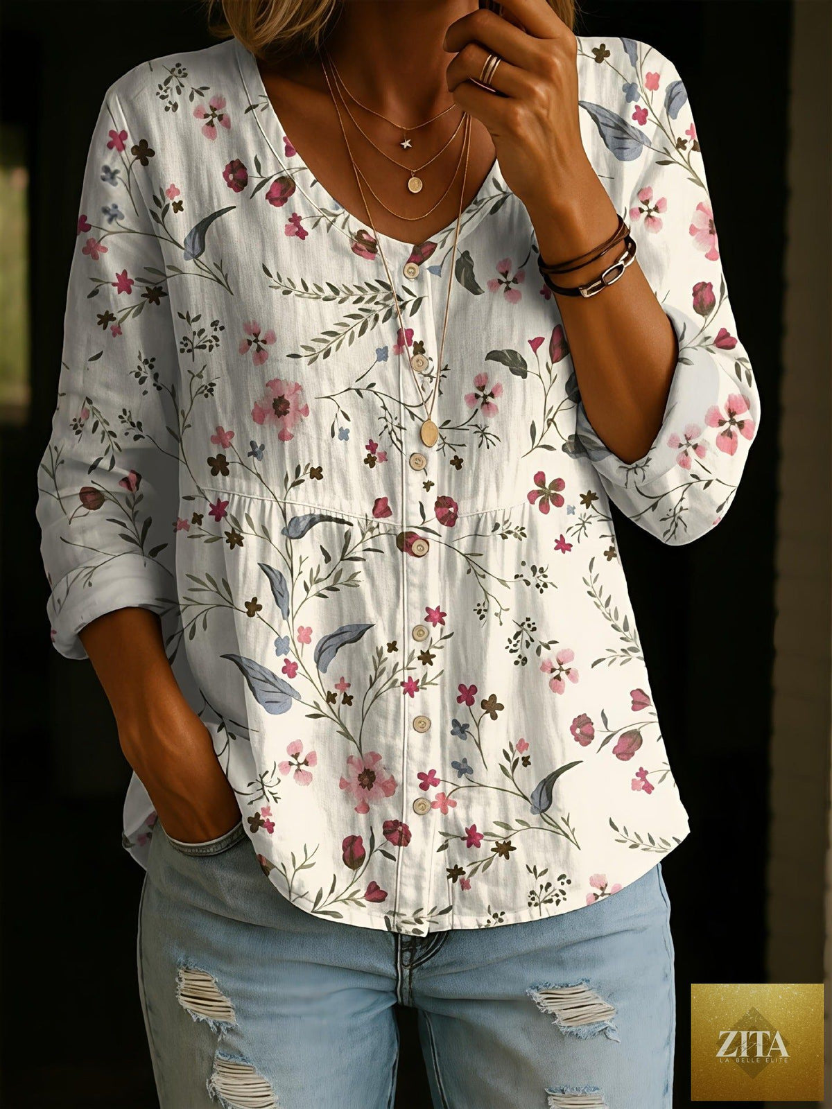 Plus-size women's printed boho cardigan with 3/4 sleeves, loose fit, and open front from Zita La Belle Elite.