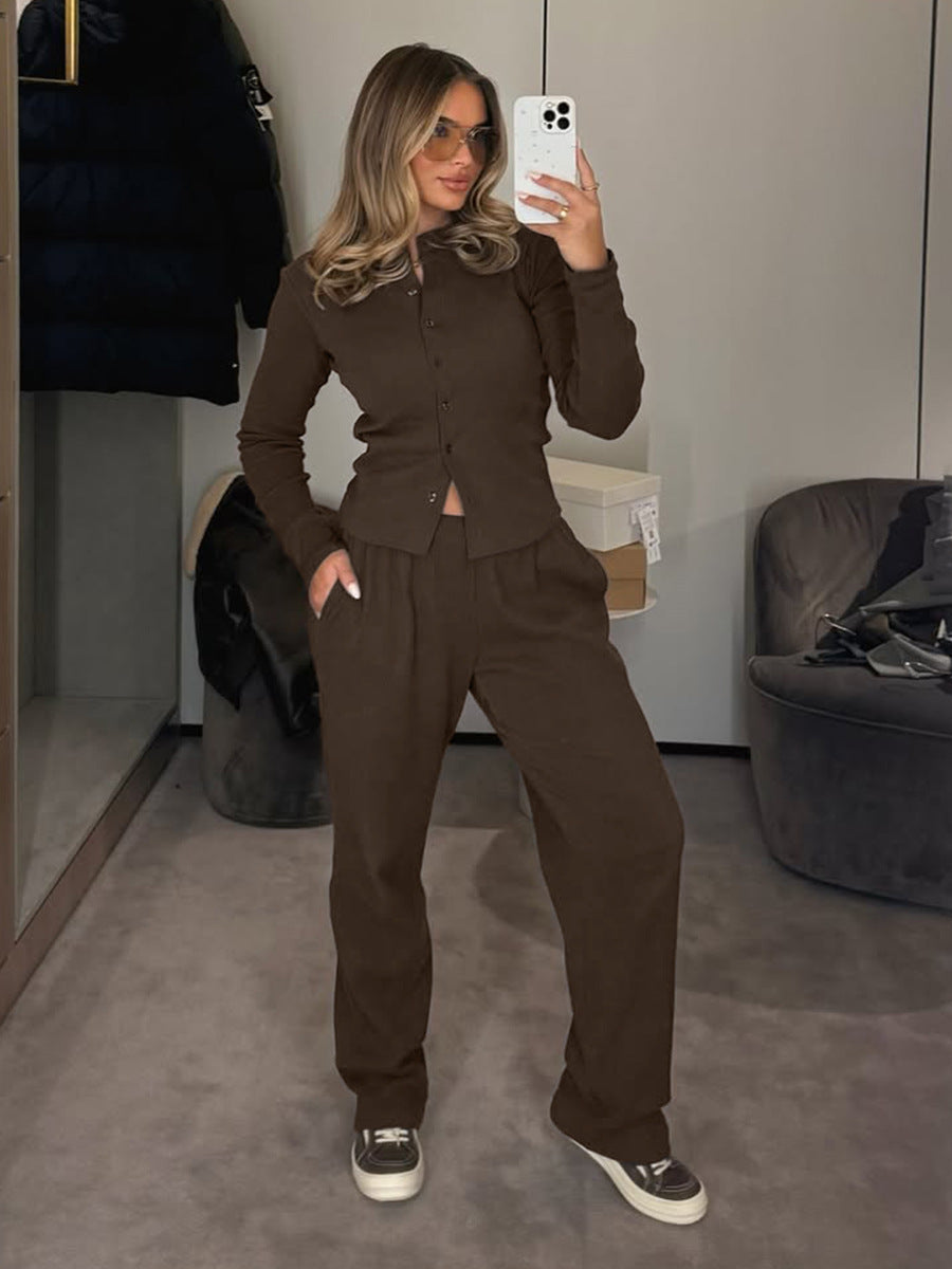 Women's ribbed knit cardigan and button-front trousers set by FitiqueFit, featuring a half-high-neck and casual style.