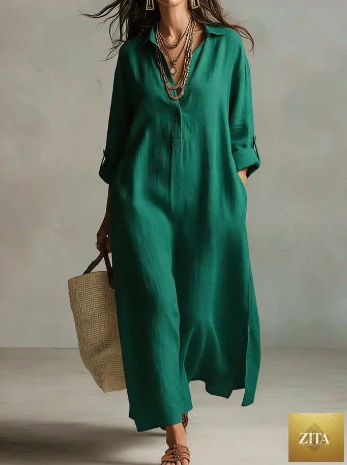 Women's casual linen shirt dress by Zita La Belle Elite, long-sleeve, relaxed fit, lightweight and comfortable for everyday wear.
