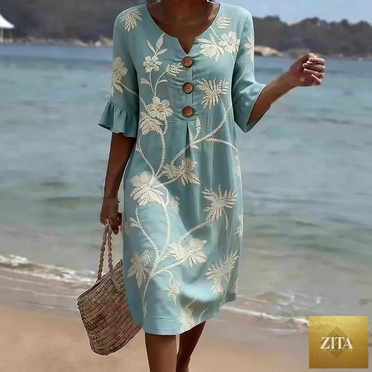 Women's V-neck casual dress by Zita La Belle Elite with coconut print, loose fit, three-quarter sleeves, perfect for resort wear.