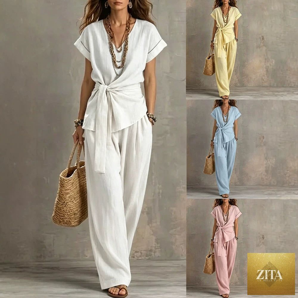 Zita La Belle Elite women's V-neck short-sleeve top and matching pants two-piece set, shown in a stylish and comfortable design.