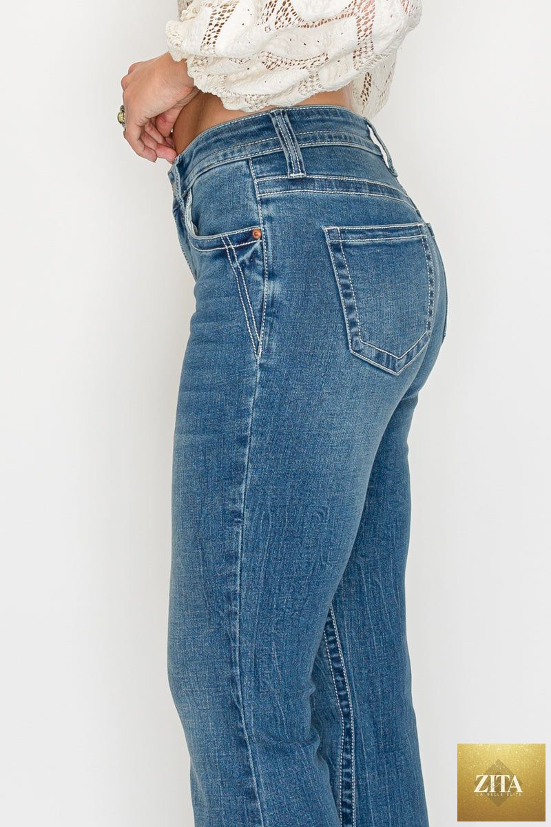 Medium wash Stevie Tummy Control High Rise Slim Flare Jeans by Artemis Vintage, showing the fit and stylish design.