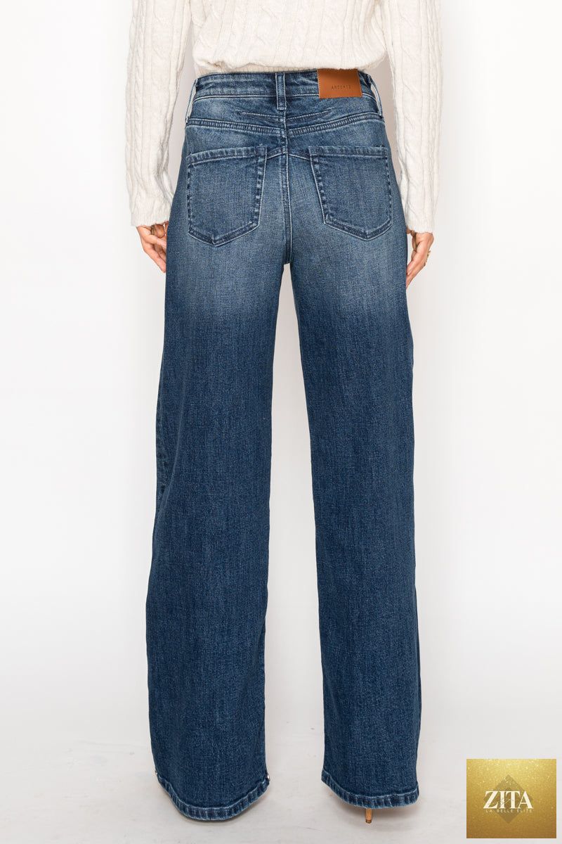 Artemis Vintage high-rise A-wide jeans with tummy control, showcasing a classic denim style with a fitted waist and relaxed fit.