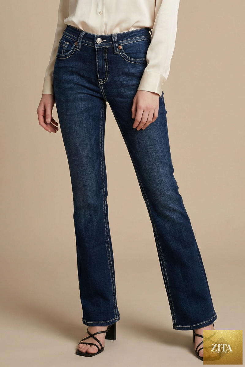 Dark wash Stevie Tummy Control high-rise slim flare jeans by Artemis Vintage, showing fit and style on a model.