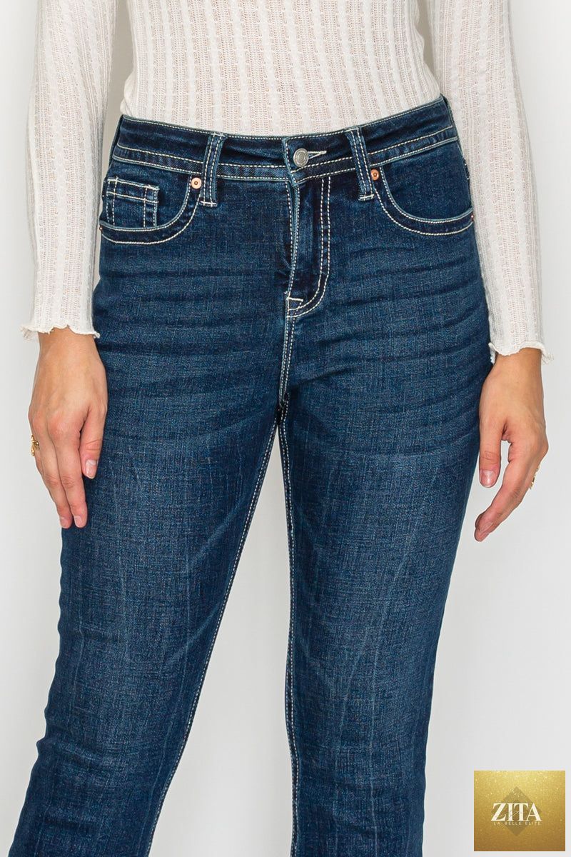 Dark wash Stevie Tummy Control high-rise slim flare jeans by Artemis Vintage, showcasing a flattering fit and classic denim style.