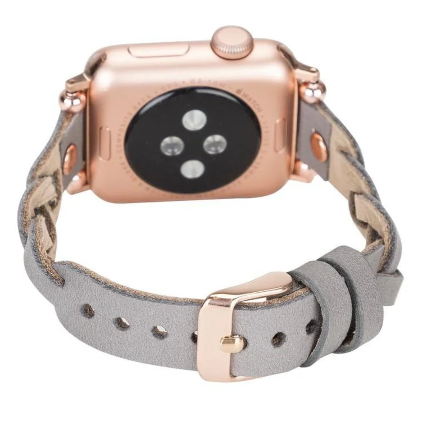 Leather Apple Watch band by LEATHERE in grey with braided design, designed for stylish and comfortable wear.