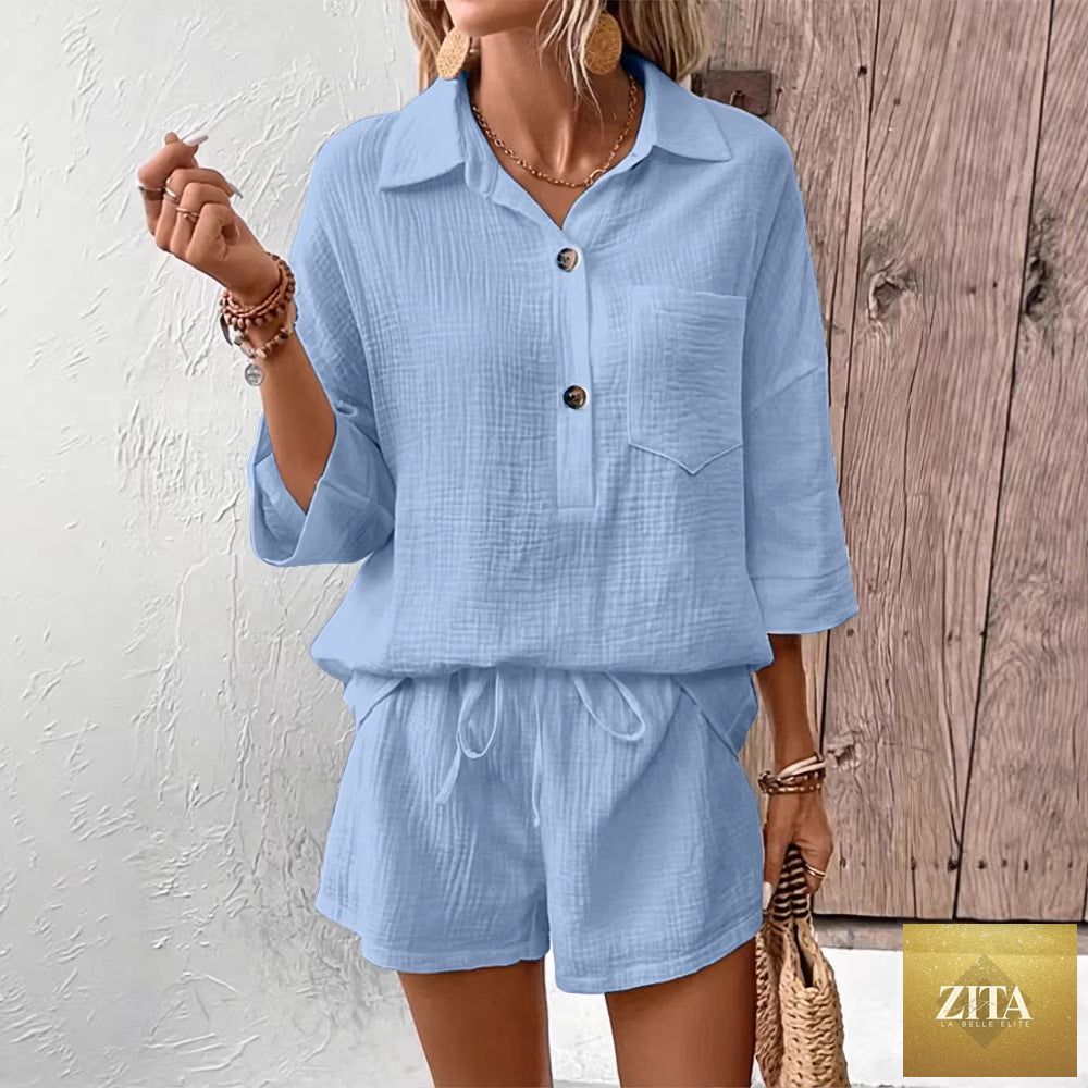 Zita La Belle Elite women's casual two-piece set with lapel collar double-panel shirt and matching shorts, stylish and comfortable.