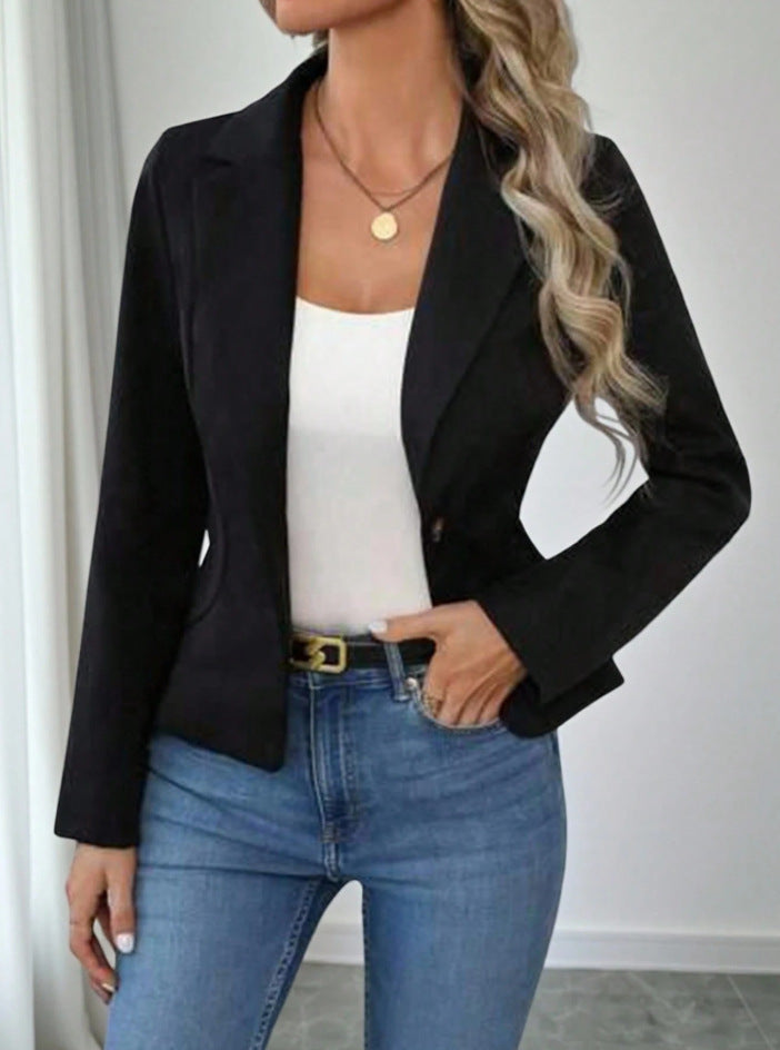 Women's slim fit solid color blazer with long sleeves, French style coat from FitiqueFit, shown hanging or worn.
