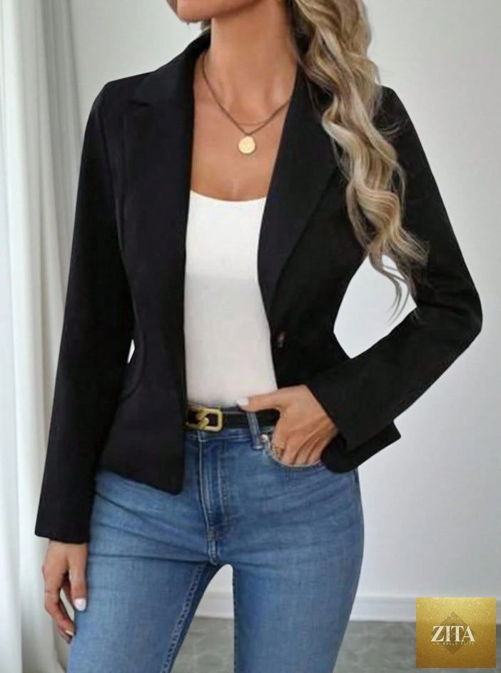 Women's slim fit solid color blazer with long sleeves, French style coat from FitiqueFit, shown hanging or worn.