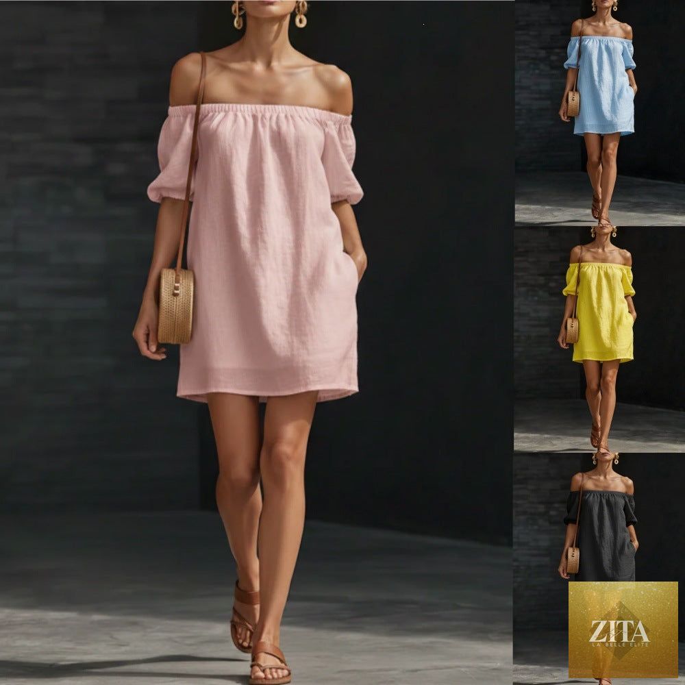 Women's cotton-linen off-shoulder puff-sleeve loose mini dress by FitiqueFit, casualwear with relaxed fit and stylish design.