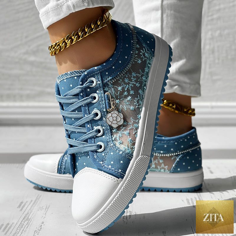 Women's floral embroidered polka dot print sneakers by FitiqueFit, casual canvas shoes with colorful floral embroidery.