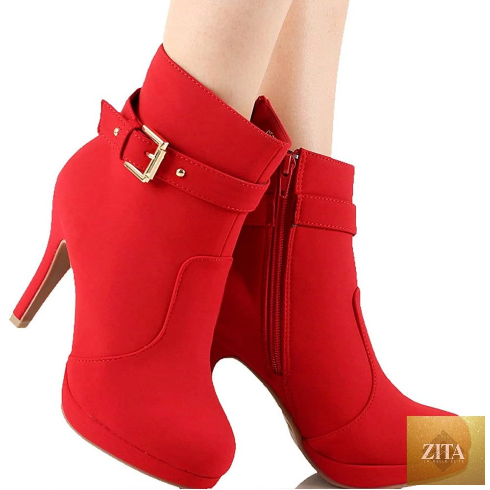 Zita La Belle Elite Trend Sup Chic stiletto ankle boots with buckle detail, black leather women’s footwear on a white background