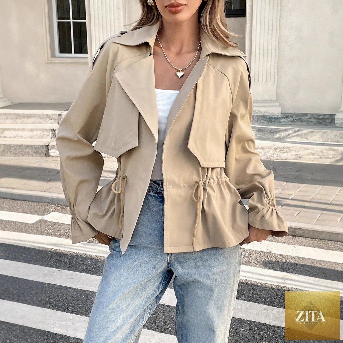 Women's khaki casual jacket with drawstring waist by Zita La Belle Elite, featuring a figure-flattering fit and versatile style.