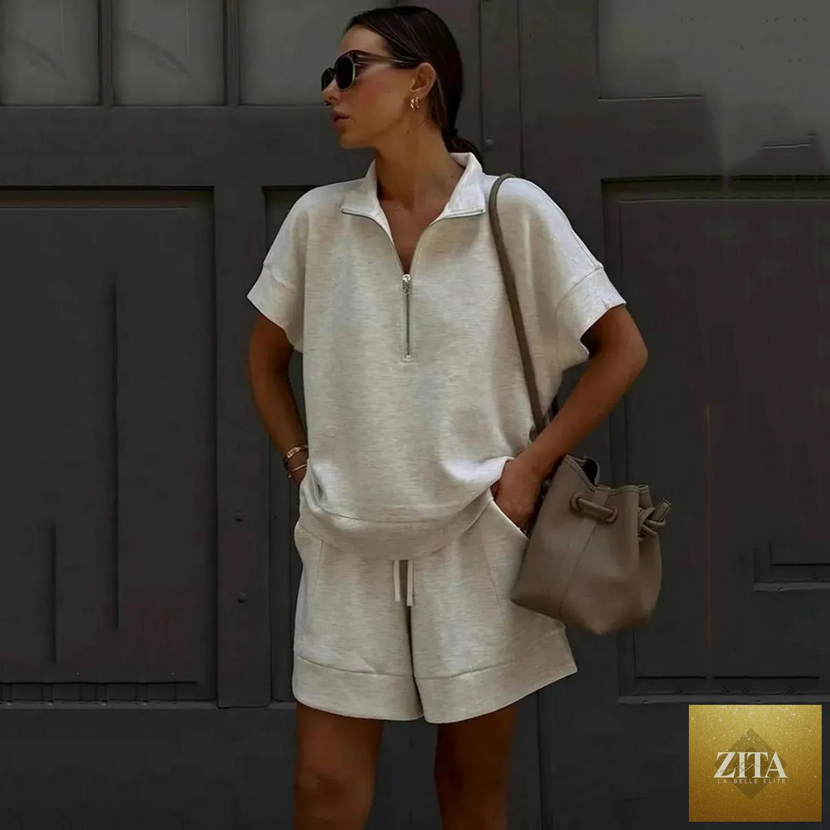 Women's solid color sweatshirt set by Zita La Belle Elite, casual 2-piece short top and matching pants, comfortable loungewear.