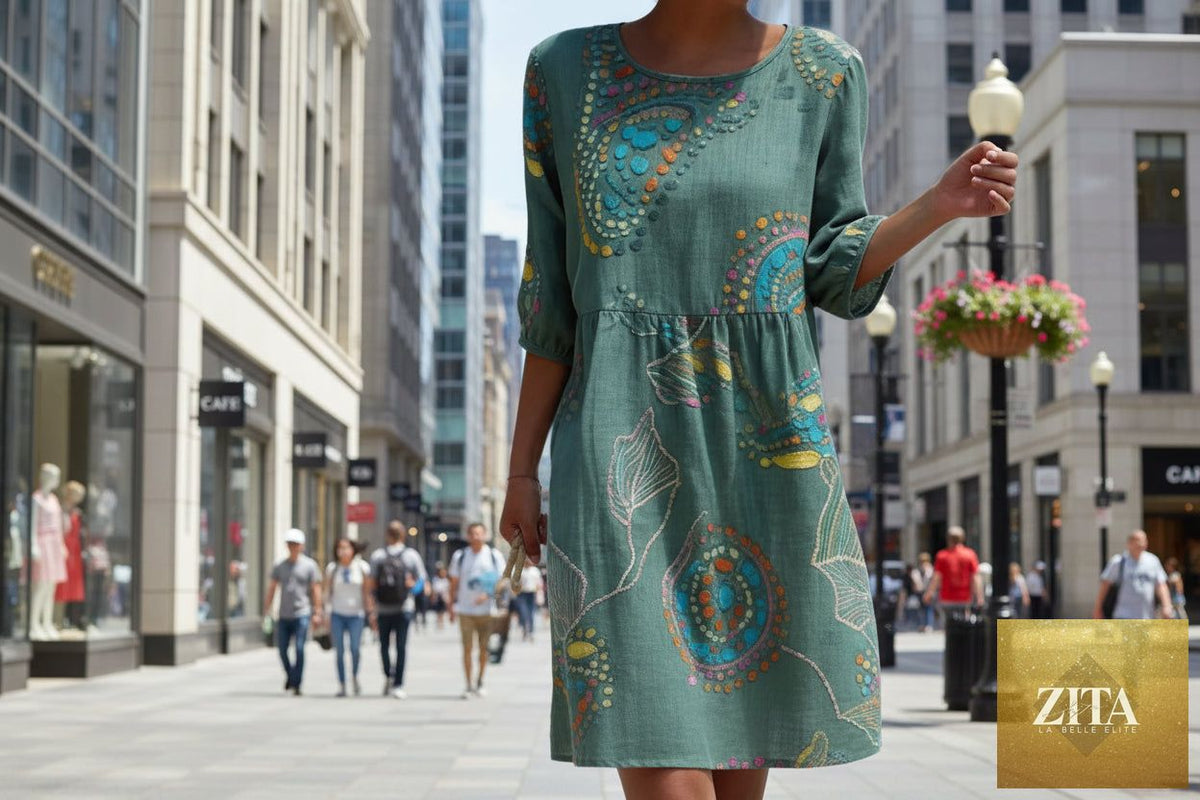 Women's 3D floral print long-sleeve A-line dress by Zita La Belle Elite, casualwear with crew neck and loose fit, displayed on a hanger.