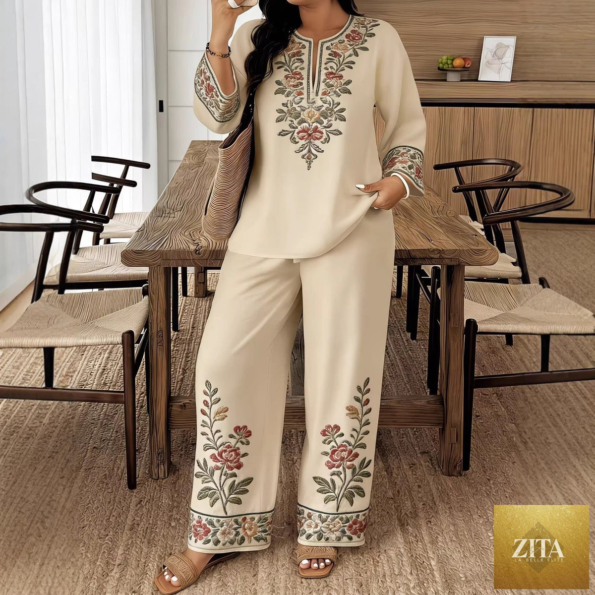 Women’s ethnic two-piece casualwear set by Zita La Belle Elite with long sleeve shirt and cropped pants, shown on a model.