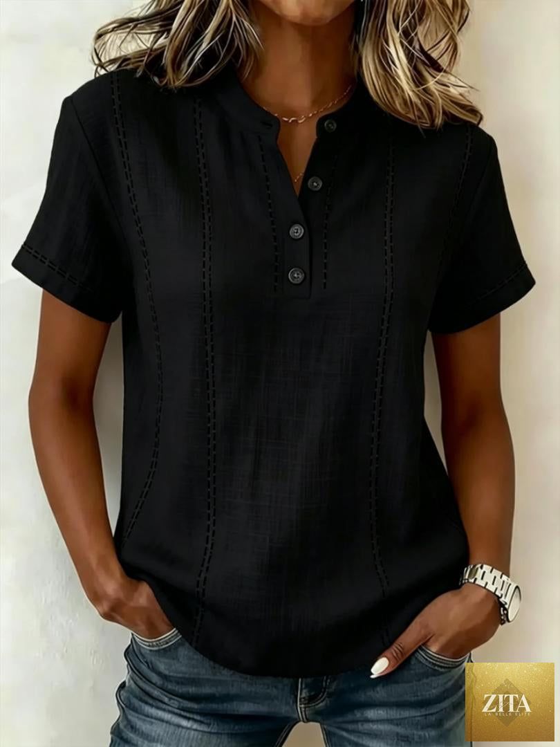 LadyShow.Store summer striped short-sleeve shirt with stand collar, V-neck, and button blouse for women in casual style.