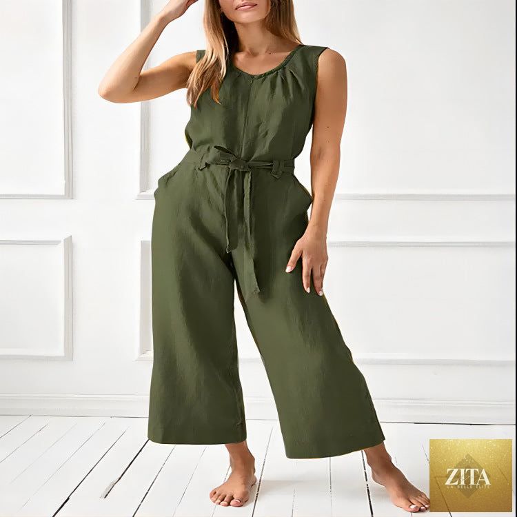 Women's solid-color mid-rise full-length cotton trousers by Zita La Belle Elite, casualwear with a comfortable fit and classic style.