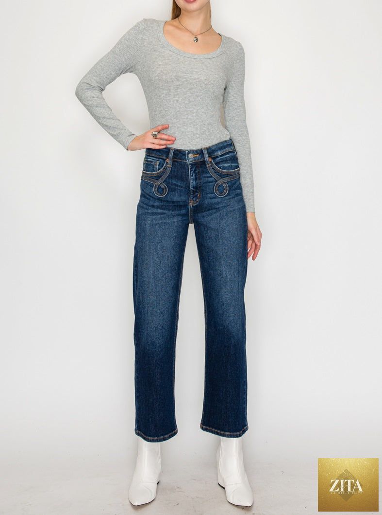 Artemis Vintage high rise straight leg jeans with tummy control, dark wash denim, and Western-style stitching on front.