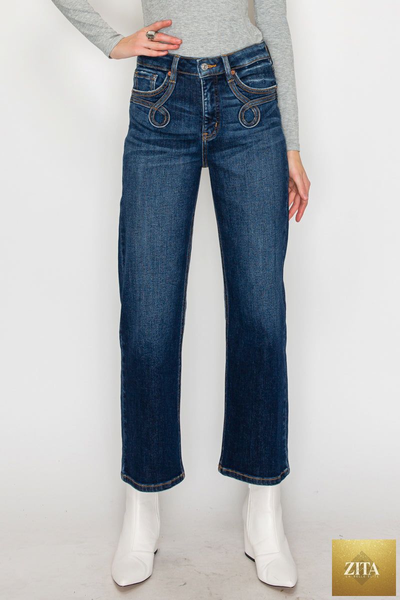 Artemis Vintage tummy control Western high-rise straight-leg jeans displayed on a model, showcasing fitted waist and classic denim style.