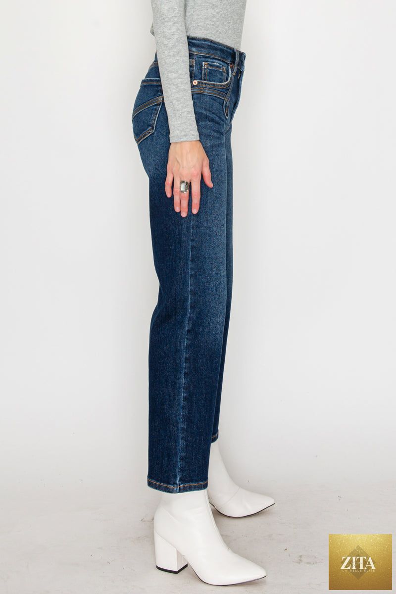 Artemis Vintage tummy control Western high-rise straight leg jeans with classic denim wash and fitted waist, displayed on a model.