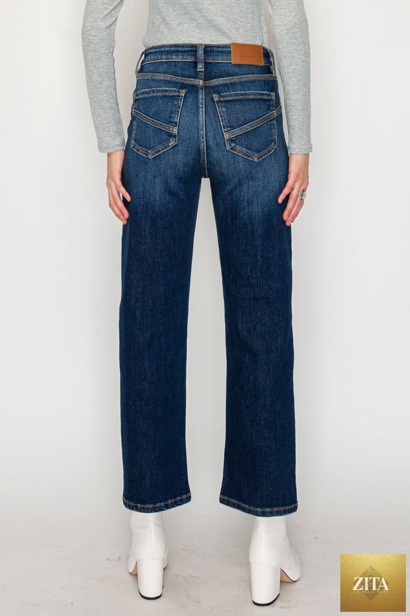 Artemis Vintage tummy control western high-rise straight-leg jeans showing a classic blue denim fit and style.