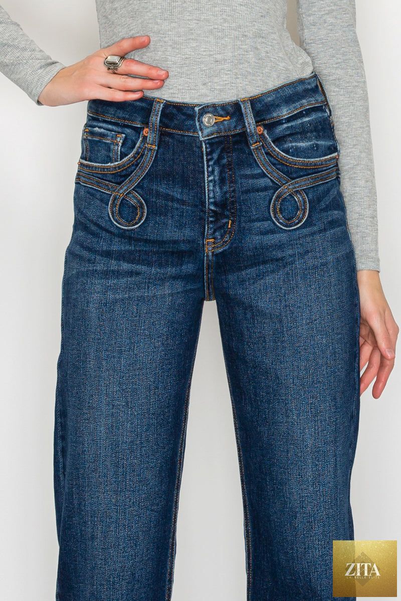 Artemis Vintage high-rise Western jeans with tummy control and straight leg fit, showcasing denim fabric and classic Western styling.
