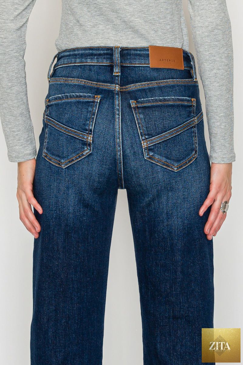 Artemis Vintage tummy control Western high-rise straight-leg jeans with classic denim wash and belt loops, styled for a flattering fit.