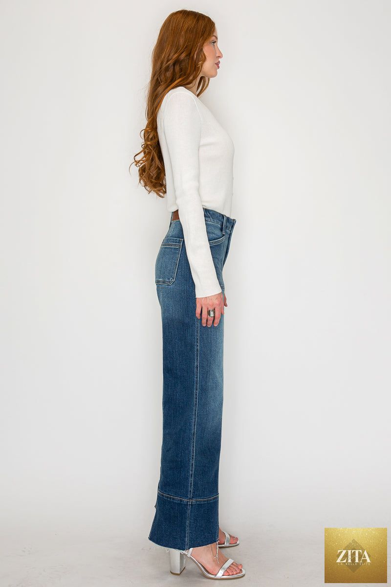 Dark wash Aurora Tummy Control eco-friendly fabric slim palazzo jeans by Artemis Vintage, featuring a comfortable high-rise fit.