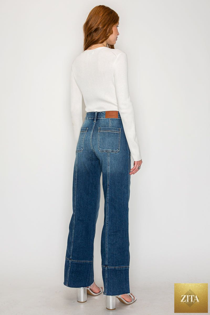 Dark wash Aurora Tummy Control eco-friendly fabric slim palazzo jeans by Artemis Vintage, showcasing high-waist design and wide-leg style.