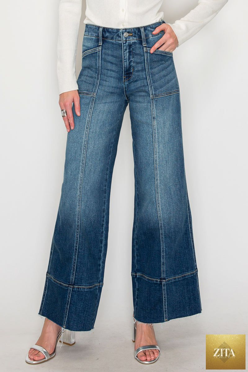 Dark wash Aurora Tummy Control Eco-Friendly Fabric Slim Palazzo Jeans by Artemis Vintage, featuring a high waist and relaxed fit.