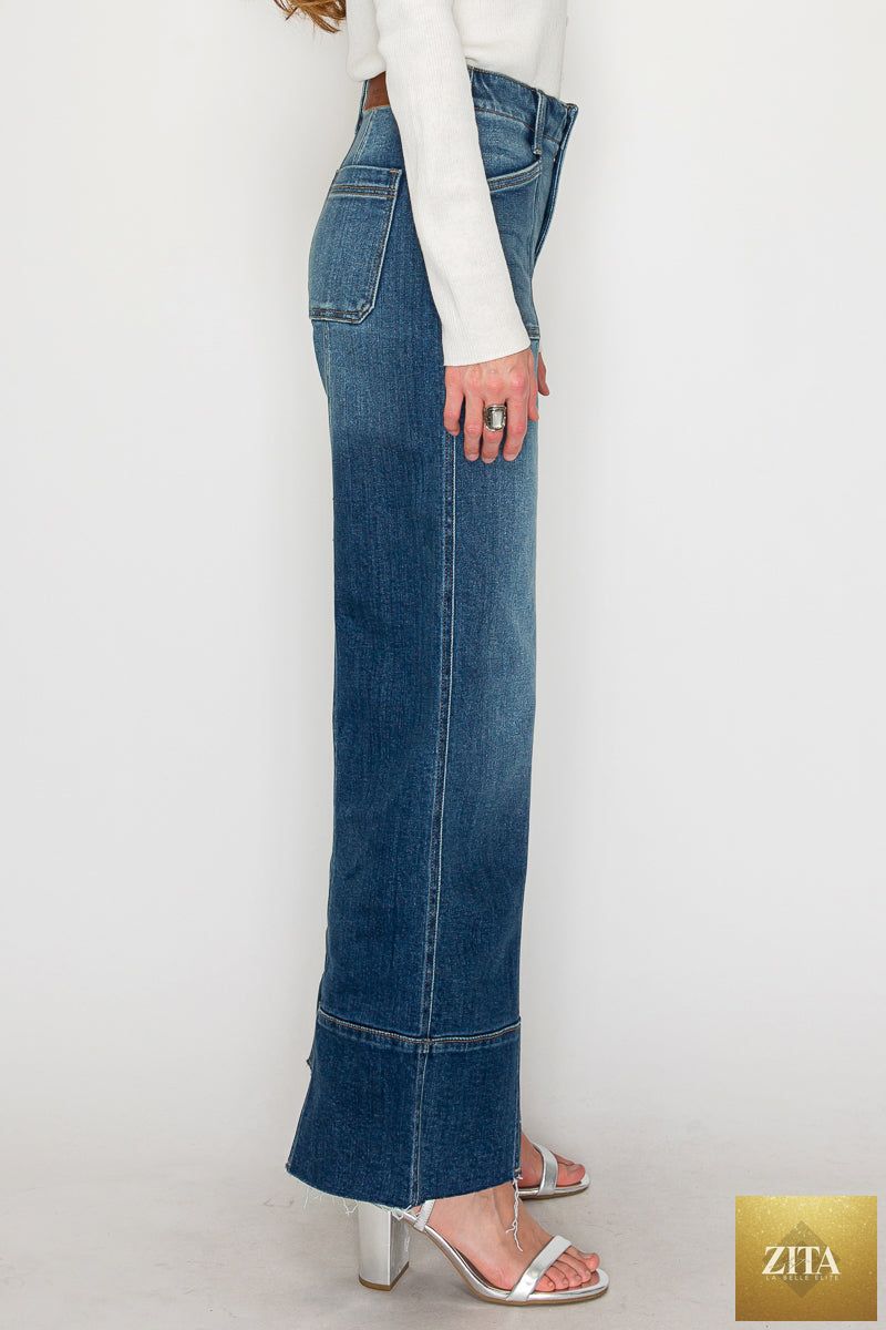 Dark wash Aurora tummy control eco-friendly fabric slim palazzo jeans by Artemis Vintage, showcasing a comfortable, stylish fit.