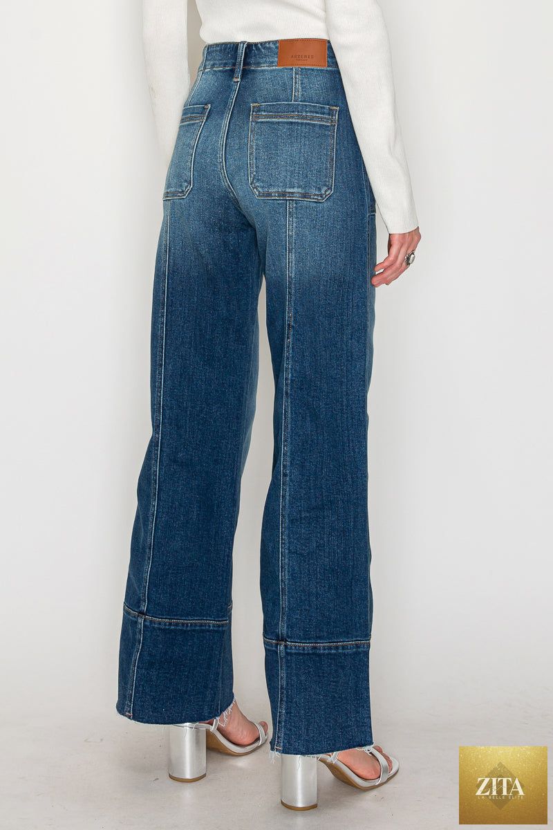 Dark wash Aurora Tummy Control Eco-Friendly Fabric Slim Palazzo Jeans by Artemis Vintage, showcasing a stylish and comfortable fit.