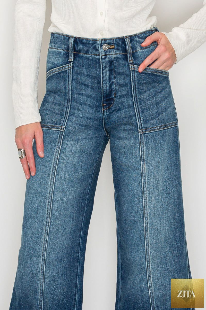 Dark wash Aurora Tummy Control Eco-Friendly Fabric Slim Palazzo Jeans by Artemis Vintage, featuring a comfortable high-waist design.