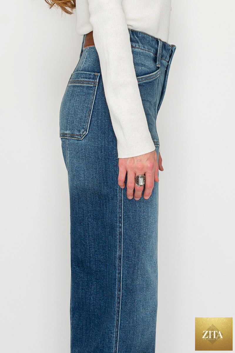 Dark wash Aurora Tummy Control eco-friendly fabric slim palazzo jeans by Artemis Vintage, showcasing a comfortable, stylish fit.