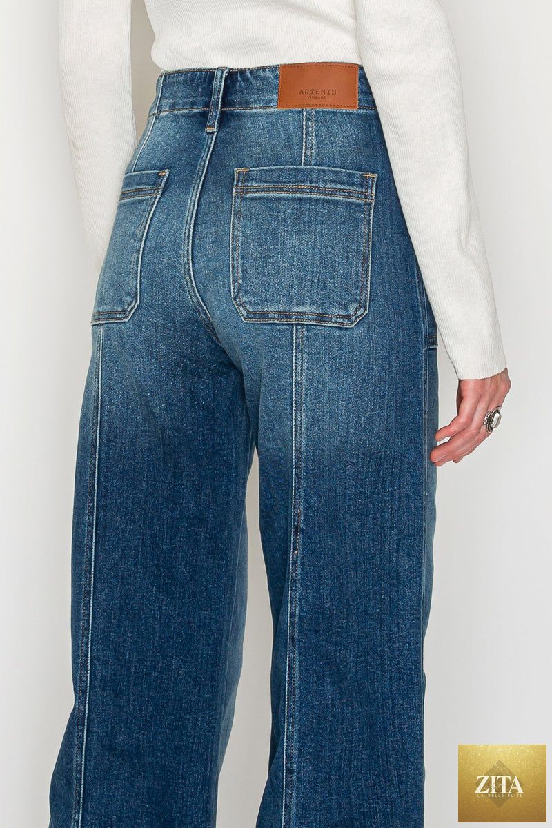 Dark wash Aurora Tummy Control Eco-Friendly Fabric Slim Palazzo Jeans by Artemis Vintage, showcasing a comfortable, stylish pair of jeans.