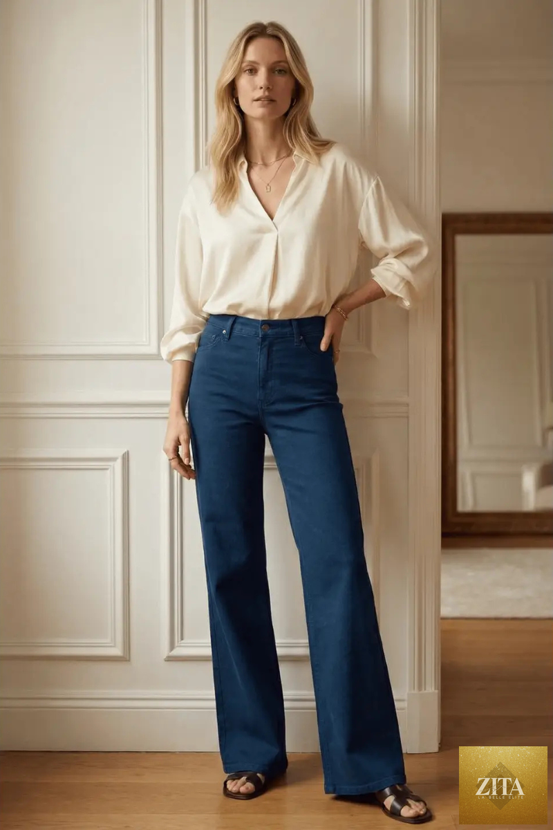 Artemis Vintage Anastasia high-rise tummy control wide flare jeans, denim with a fitted waist and flared legs, front view.