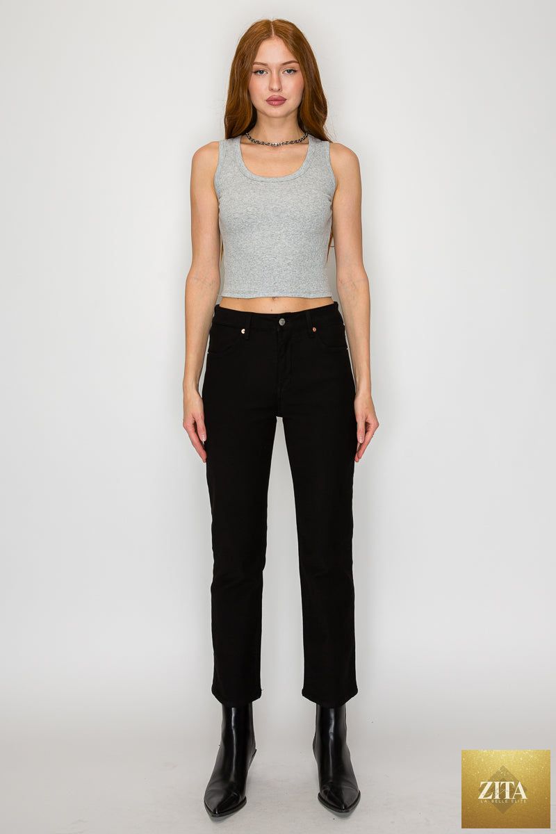 Alessandra Tummy Control High Rise Ankle Slim Straight Jeans by Artemis Vintage, showing dark denim with a fitted waist and ankle-length cut.