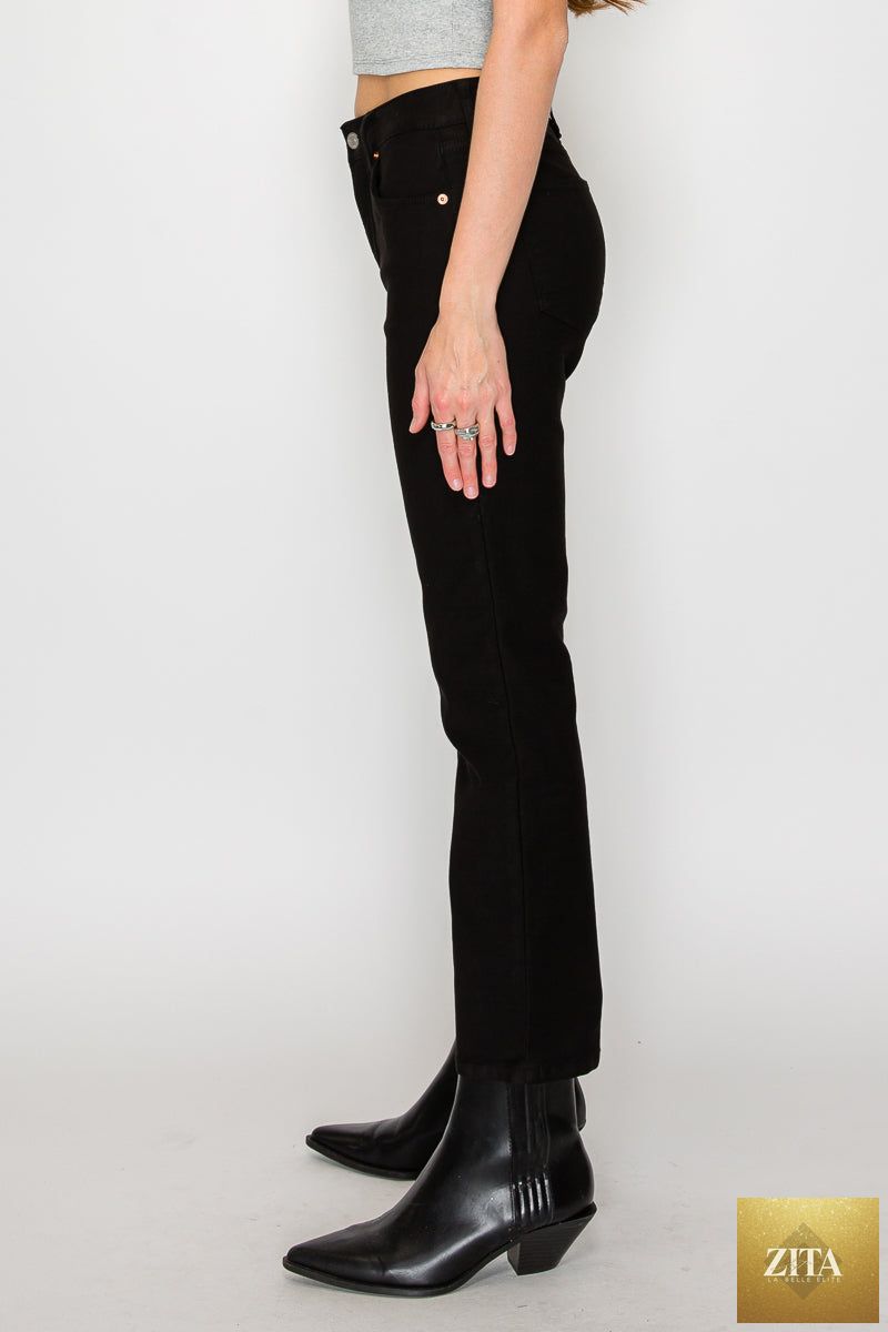 Alessandra Tummy Control High Rise Ankle Slim Straight Jeans by Artemis Vintage, showing dark denim with a fitted waist and slim ankle fit.