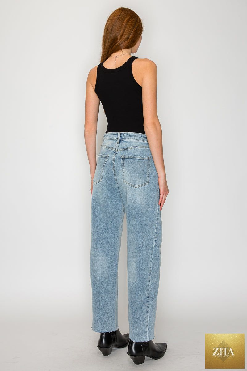 Blue Harlow high-waisted barrel jeans by Artemis Vintage, showing a stylish fit and classic denim texture.