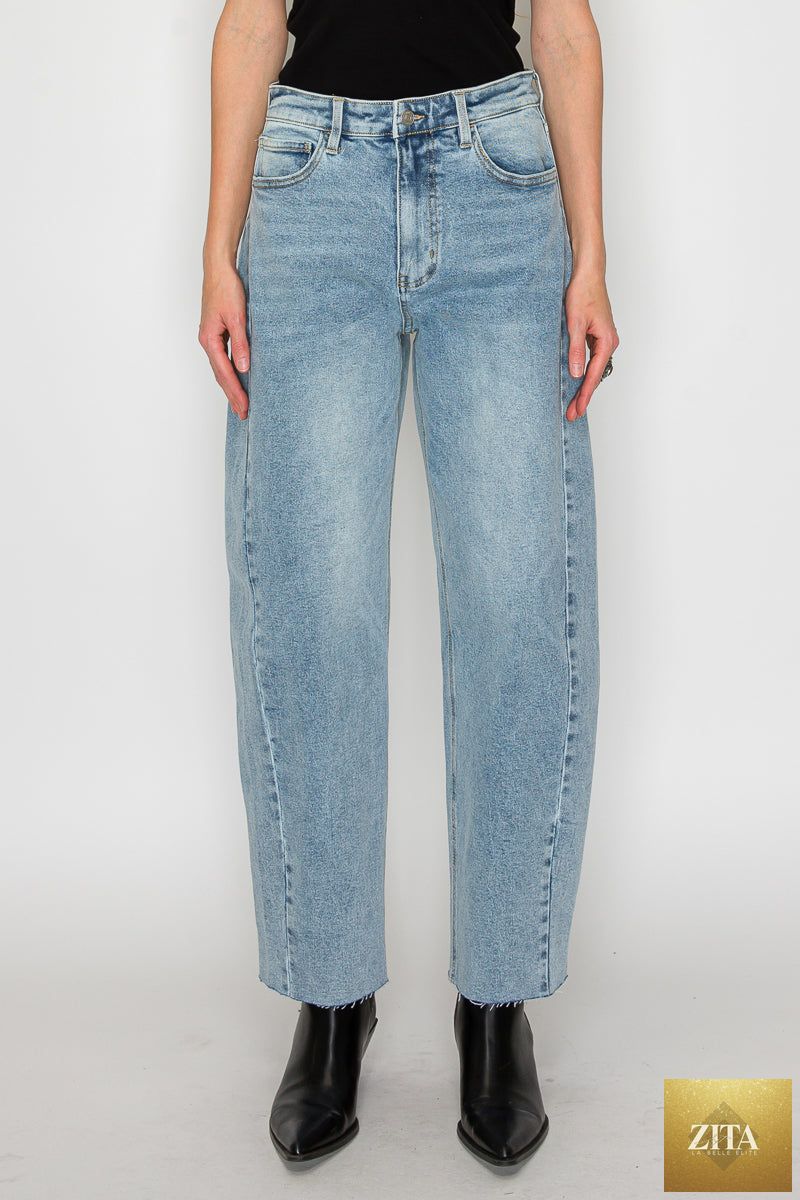 Blue Harlow high waisted barrel jeans by Artemis Vintage, showcasing classic denim fit and stylish high-rise design.