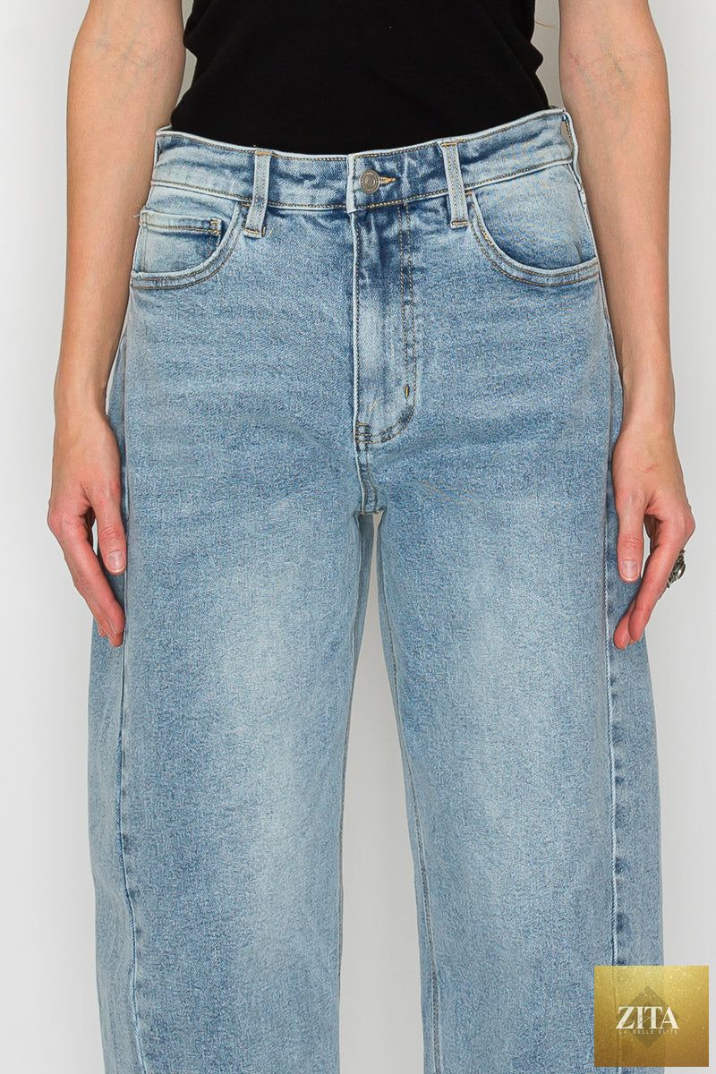 Blue Harlow high-waisted barrel jeans by Artemis Vintage, showcasing a classic denim style with a high-rise fit and relaxed silhouette.