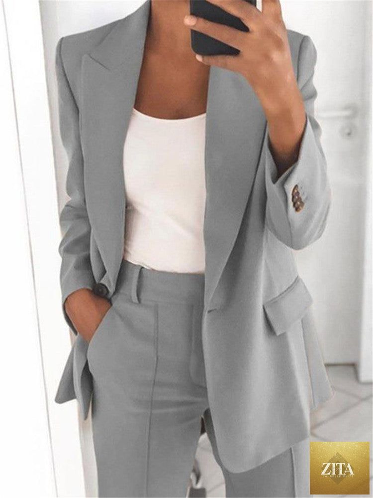 FitiqueFit two-piece suit set with lapel blazer and slim-fit trousers in various colors, shown in size XS to 5XL.