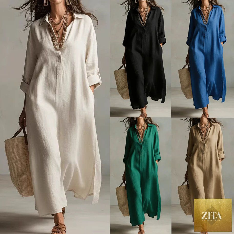 Women's linen shirt dress by FitiqueFit featuring long sleeves, casual relaxed fit, and lightweight breathable fabric.