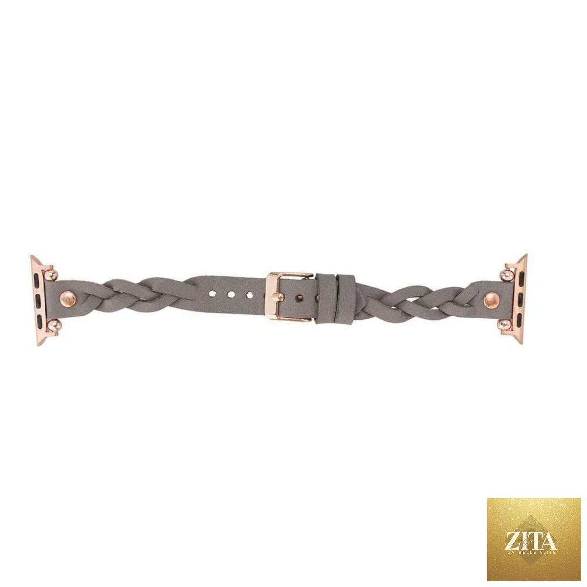 Leather Apple Watch band by LEATHERE featuring a grey braided design, compatible with Apple Watch models.